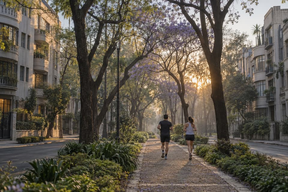 Dos corredores al amanecer en el camellón arbolado de Avenida Ámsterdam (imagen ilustrativa)