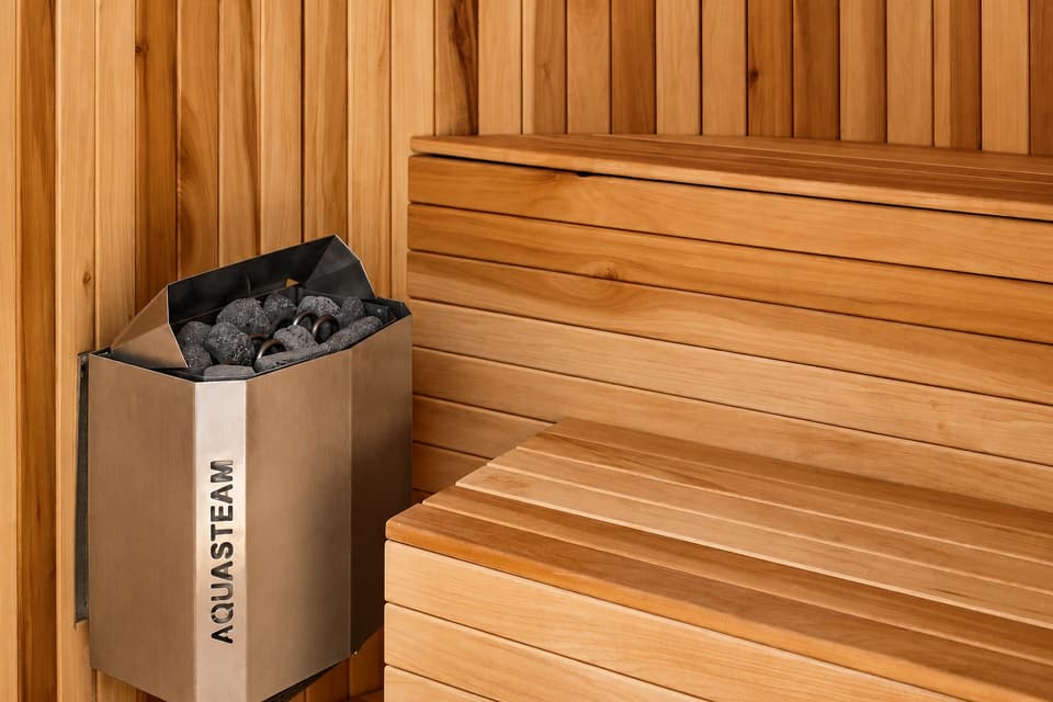 Inside the sauna: timber benches and the stove